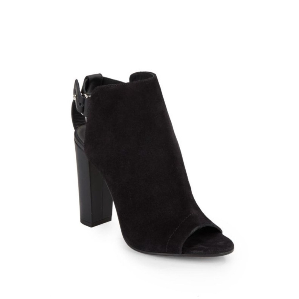 Vince black Addison suede black ankle boots bootie size 6.5 open toe block heel